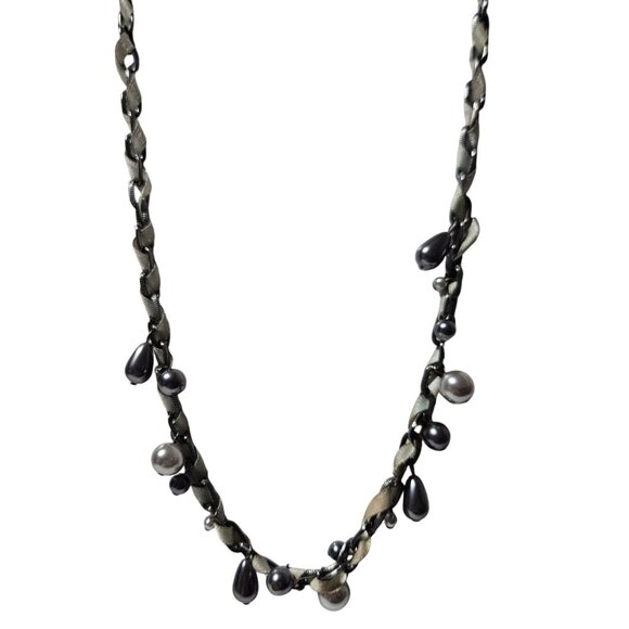 Vintage RMN Ribbon Chain Faux Pearl Charms Necklace Elegant Fashion Jewelry - Picture 1 of 5